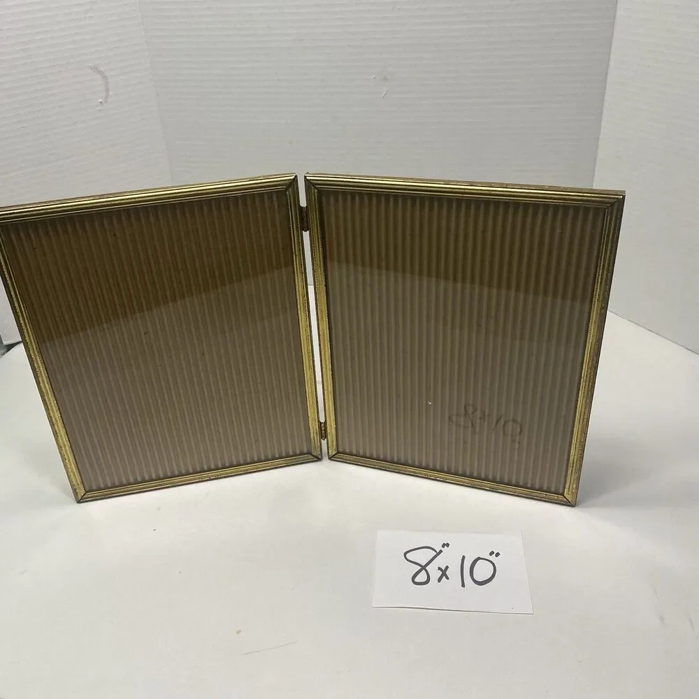 Vintage 8x10 Photo Picture Frame Bi-fold Gold Tone Brass Metal Double Hinge